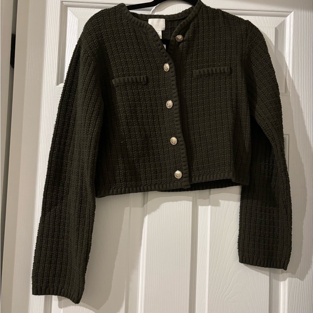 H&M Dark Olive Green Knit Cropped Cardigan
